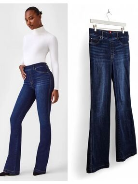 SPANX Blue Flare Jeans High Rise Pull On Sculpt Stretch 70s Wide Leg L
